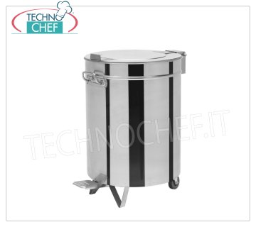 Poubelle en inox sur roulettes, capacité 75 litres Poubelle ronde en inox sur roulettes, couvercle avec ouverture à pédale, 75 litres, poids 8 Kg, dim.mm.460x610x610h