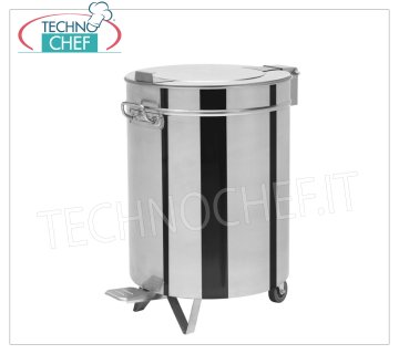 Poubelle en inox sur roulettes, capacité 100 litres Poubelle ronde en inox sur roulettes, couvercle avec ouverture à pédale, capacité 100 litres, poids 10 Kg, dim.mm.460x610x690h