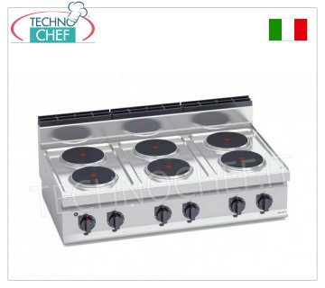 TECHNOCHEF - CUISINIÈRE ÉLECTRIQUE 6 PLAQUES SUPÉRIEURES, Kw.15,6, Mod.E7P6B CUISINIÈRE ÉLECTRIQUE 6 PLAQUES SUPÉRIEURES, BERTOS, ligne MACROS 700, série HIGH POWER, avec 6 plaques RONDES Ø 220 mm, COMMANDES INDÉPENDANTES, 6 niveaux de puissance, V.400/3+N, Kw.15,6 Poids 58 Kg, dim .mm. 1200x700x290h