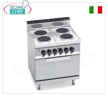 TECHNOCHEF - CUISINIÈRE ÉLECTRIQUE 4 PLAQUES sur FOUR GN 2/1, Kw.17,9, Mod.E7P4+FE CUISINIÈRE ÉLECTRIQUE 4 PLAQUES sur FOUR ÉLECTRIQUE GN 2/1, BERTOS, ligne MACROS 700, Série HIGH POWER, avec 4 plaques RONDES Ø 220 mm, COMMANDES INDÉPENDANTES, 6 niveaux de puissance, V.400/3+N, Kw.17, 9 , poids 100 kg, dim.mm.800x700x900h