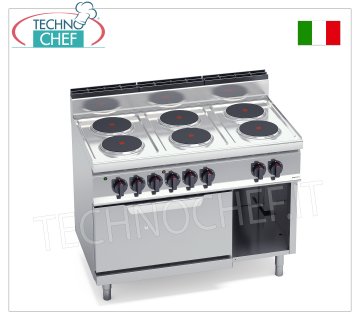 TECHNOCHEF - CUISINIÈRE ÉLECTRIQUE 6 PLAQUES sur FOUR GN 2/1, Kw.23,1, Mod.E7P6+FE CUISINIÈRE ÉLECTRIQUE 6 PLAQUES sur FOUR ÉLECTRIQUE GN 2/1, BERTOS, ligne MACROS 700, Série HIGH POWER, avec 6 plaques RONDES Ø 220 mm, COMMANDES INDÉPENDANTES, 6 niveaux de puissance, V.400/3+N, Kw.23, 1 , poids 129 kg, dim.mm.1200x700x900h