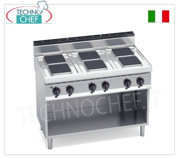 TECHNOCHEF - CUISINIÈRE ÉLECTRIQUE 6 PLAQUES sur ARMOIRE OUVERTe, 15,6 Kw, Mod. CUISINIÈRE ÉLECTRIQUE 6 PLAQUES sur ARMOIRE OUVERTE, BERTOS, ligne MACROS 700, Série HIGH POWER, avec 6 plaques CARRÉES de 220x220 mm, COMMANDES INDÉPENDANTES, 6 niveaux de puissance, V.400/3+N, Kw.15,6 Poids 95 Kg, dim. mm.1200x700x900h