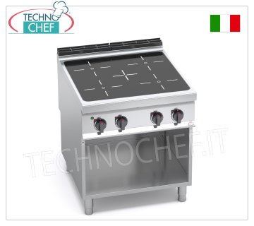 TECHNOCHEF - CUISINIÈRE ÉLECTRIQUE INFRAROUGE 4 ZONES sur ARMOIRE OUVERTe, mod. E9P4MP/VTR CUISINIÈRE ÉLECTRIQUE À 4 ZONES INFRAROUGES sur ARMOIRE OUVERTE, Ligne BERTOS MAXIMA 900, Série INFRAROUGE, avec 4 ZONES CARRÉES de 270x270 mm, COMMANDES INDÉPENDANTES, V.400/3+N, Kw. 16h00, poids 72 kg, dim.mm.800x900x900h