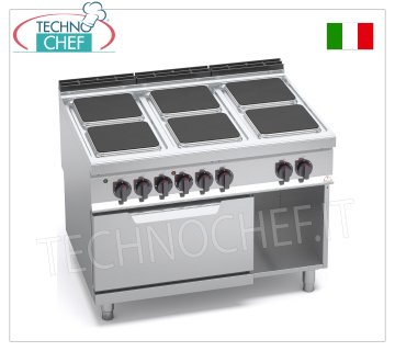 TECHNOCHEF - CUISINIÈRE ÉLECTRIQUE 6 PLAQUES sur FOUR ÉLECTRIQUE GN 2/1, mod. E9PQ6+FE CUISINIÈRE ÉLECTRIQUE 6 PLAQUES sur FOUR ÉLECTRIQUE GN 2/1, ligne BERTOS MAXIMA 900, Série HAUTE PUISSANCE, avec 6 plaques CARRÉES de 300x300 mm, COMMANDES INDÉPENDANTES, 6 niveaux de puissance, V.400/3+N, Tot. , poids 189 kg, dim.mm.1200x900x900h