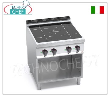 TECHNOCHEF - CUISINIÈRE ÉLECTRIQUE À INDUCTION 4 ZONES sur ARMOIRE OUVERTe, mod. E9P4M/IND CUISINIÈRE ÉLECTRIQUE À INDUCTION 4 ZONES sur ARMOIRE OUVERTE, ligne BERTOS MAXIMA 900, Série POWER INDUCTION, avec 4 ZONES CARRÉES de 270x270 mm, COMMANDES INDÉPENDANTES, 9 niveaux de puissance, V.400/3+N, Kw.20,00, Poids 85 Kg, dim.mm.800x900x900h