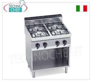 TECHNOCHEF - CUISINIÈRE À GAZ 4 FEUX sur ARMOIRE OUVERTe, Kw.21,5, Mod.G7F4MPW CUISINIÈRE À GAZ 4 FEUX sur ARMOIRE OUVERTE, BERTO'S, Ligne MACROS 700, Série ECO POWER, puissance thermique Kw.21,5, Poids 52 Kg, dim.mm.800x700x900h