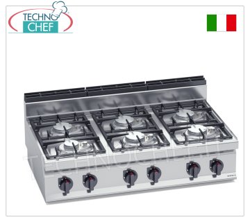 TECHNOCHEF - CUISINIÈRE À GAZ 6 FEUX TOP, Kw.33,5, Mod.G7F6BPW CUISINIÈRE À GAZ 6 FEUX TOP, BERTO'S, ligne MACROS 700, série ECO POWER, puissance thermique Kw.33,5, Poids 49 Kg, dim.mm.1200x700x290h