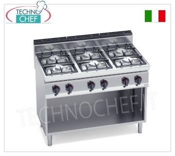 TECHNOCHEF - CUISINIÈRE À GAZ 6 FEUX sur ARMOIRE OUVERTe, Kw.33,5, Mod.G7F6MPW CUISINIÈRE À GAZ 6 FEUX sur ARMOIRE OUVERTE, BERTO'S, Ligne MACROS 700, Série ECO POWER, puissance thermique Kw.33,5, Poids 90 Kg, dim.mm.1200x700x900h