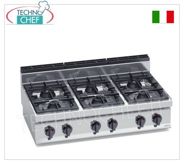 TECHNOCHEF - CUISINIÈRE À GAZ 6 FEUX TOP, Kw.31,5, Mod.G7F6B CUISINIÈRE À GAZ 6 FEUX TOP, BERTO'S, ligne MACROS 700, série HIGH POWER, puissance thermique Kw.31,5, Poids 67 Kg, dim.mm.1200x700x290h