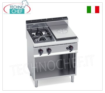 TECHNOCHEF - CUISINE COMBINÉE avec TABLE DE CUISSON et 2 FEUX sur ARMOIRE OUVERTe, Kw.17,5, Mod.G7T4P2FM CUISINE COMBINÉE avec TABLE DE CUISSON À GAZ et 2 BRÛLEURS sur ARMOIRE OUVERTE, Ligne BERTOS, MACROS 700, Série HIGH POWER, puissance thermique 17,5 kW, poids 85 Kg, dim.mm.800x700x900h