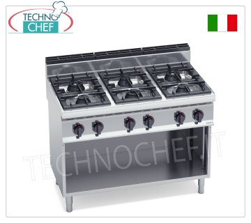 TECHNOCHEF - CUISINIÈRE À GAZ 6 FEUX sur ARMOIRE OUVERTe, Kw.31,5, Mod.G7F6M CUISINIÈRE À GAZ 6 FEUX sur ARMOIRE OUVERTE, BERTO'S, Ligne MACROS 700, Série HIGH POWER, puissance thermique Kw.31,5, Poids 78 Kg, dim.mm.1200x700x900h