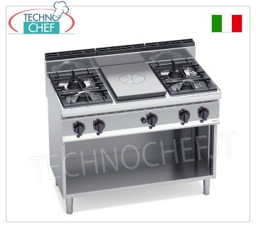 TECHNOCHEF - CUISINE COMBINÉE avec TABLE DE CUISSON et 4 FEUX sur ARMOIRE OUVERTe, Kw.28,00, Mod.G7T4P4FM CUISINE COMBINÉE avec TABLE DE CUISSON À GAZ et 4 BRÛLEURS sur ARMOIRE OUVERTE, Ligne BERTOS, MACROS 700, Série HIGH POWER, puissance thermique 28,00 Kw, poids 110 Kg, dim.mm.1200x700x900h