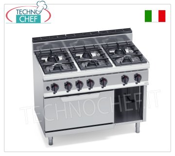 TECHNOCHEF - CUISINIÈRE À GAZ 6 FEUX sur FOUR À GAZ GN 2/1, Kw.49,8 Mod.G7F6P+FG CUISINIÈRE À GAZ 6 FEUX sur FOUR À GAZ GN 2/1, ligne BERTOS, MACROS 700, série MAX POWER, puissance calorifique totale. Kw 49,8, Poids 126 Kg, dim.mm.1200x700x900h