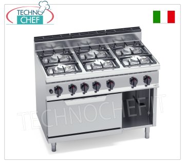TECHNOCHEF - CUISINIÈRE À GAZ 6 FEUX sur FOUR À GAZ GN 2/1, Kw.41,3, Mod.G7F6PW+FG