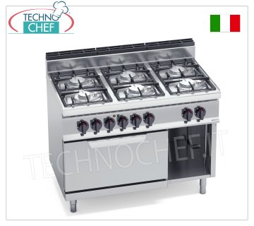 TECHNOCHEF - CUISINIÈRE À GAZ 6 FEUX sur FOUR ÉLECTRIQUE GN 2/1, Kw.33,5+7,5, Mod.G7F6PW+FE