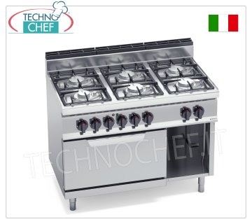 TECHNOCHEF - CUISINIÈRE À GAZ 6 FEUX sur FOUR ÉLECTRIQUE GN 2/1, Kw.33,5+7,5, Mod.G7F6PW+FE CUISINIÈRE À GAZ 6 FEUX sur FOUR ÉLECTRIQUE GN 2/1, BERTO'S, ligne MACROS 700, série ECO POWER, puissance thermique Kw.33,5 + puissance électrique Kw 7,5, Poids 112 Kg, dim.mm.1200x700x900h