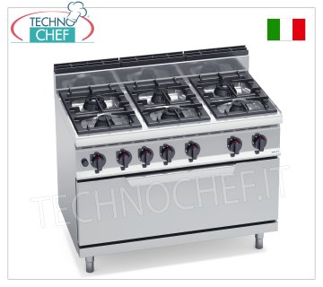 TECHNOCHEF - CUISINIÈRE À GAZ 6 FEUX sur FOUR À GAZ, Kw.43,5, Mod.G7F6+T CUISINIÈRE À GAZ 6 BRÛLEURS sur FOUR À GAZ, ligne BERTOS, MACROS 700, série HIGH POWER, puissance calorifique totale. Kw 43,5, Poids 140 Kg, dim.mm.1200x700x900h