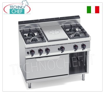 TECHNOCHEF - CUISINE COMBINÉE avec TABLE DE CUISSON et 4 FEUX sur FOUR À GAZ GN 2/1, Kw.35,8, Mod.G7T4P4F+FG CUISINE COMBINÉE avec TABLE DE CUISSON À GAZ et 4 FEUX sur FOUR À GAZ GN 2/1, Ligne BERTOS, MACROS 700, Série HIGH POWER, puissance thermique totale 35,8 kW, poids 146, dim.mm.1200x700x900h