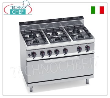 TECHNOCHEF - CUISINIÈRE À GAZ 6 FEUX sur FOUR À GAZ, Kw.54, Mod.G7F6P+T CUISINIÈRE À GAZ 6 BRÛLEURS sur FOUR À GAZ, ligne BERTOS, MACROS 700, série MAX POWER, puissance thermique totale. Kw 54,00, Poids 140 Kg, dim.mm.1200x700x900h