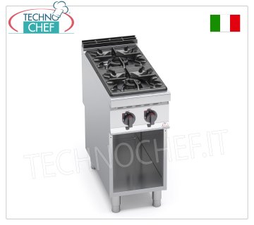 TECHNOCHEF - CUISINIÈRE À GAZ 2 FEUX sur ARMOIRE OUVERTe, mod. G9F2M CUISINIÈRE À GAZ 2 FEUX sur ARMOIRE OUVERTE, ligne BERTOS MAXIMA 900, Série HIGH POWER, puissance thermique Kw.19,00, Poids 59 Kg, dim.mm.400x900x900h