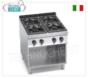 TECHNOCHEF - CUISINIÈRE À GAZ 4 FEUX sur ARMOIRE OUVERTe, mod. G9F4M CUISINIÈRE À GAZ 4 FEUX sur ARMOIRE OUVERTE, ligne BERTOS MAXIMA 900, Série HIGH POWER, puissance thermique Kw.34,5, Poids 104 Kg, dim.mm.800x900x900h