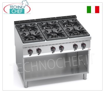 TECHNOCHEF - CUISINIÈRE À GAZ 6 FEUX sur ARMOIRE OUVERTe, mod. G9F6M CUISINIÈRE À GAZ 6 FEUX sur ARMOIRE OUVERTE, ligne BERTOS MAXIMA 900, Série HIGH POWER, puissance thermique Kw.53,5, Poids 140 Kg, dim.mm.1200x900x900h