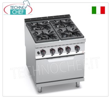 TECHNOCHEF - CUISINIÈRE À GAZ 4 FEUX sur FOUR À GAZ GN 2/1, mod. G9F4+FG CUISINIÈRE GAZ 4 FEUX sur FOUR GAZ GN 2/1, ligne BERTOS MAXIMA 900, série HIGH POWER, puissance calorifique totale. Kw.42,3, Poids 149 Kg, dim.mm.800x900x900h