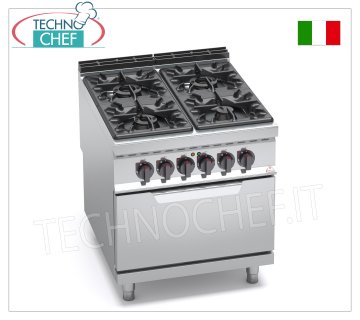 TECHNOCHEF - CUISINIÈRE À GAZ 4 FEUX sur FOUR ÉLECTRIQUE GN 2/1, mod. G9F4+FE CUISINIÈRE GAZ 4 FEUX sur FOUR ÉLECTRIQUE GN 2/1, ligne BERTOS MAXIMA 900, série HIGH POWER, puissance thermique 34,5 kW + 7,5 kW, poids 158 ​​kg, dim.mm.800x900x900h