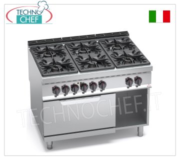 TECHNOCHEF - CUISINIÈRE À GAZ 6 FEUX sur FOUR ÉLECTRIQUE GN 2/1, Kw.53,5+7,5, mod. G9F6+FE CUISINIÈRE À GAZ 6 FEUX sur FOUR ÉLECTRIQUE GN 2/1, ligne BERTOS MAXIMA 900, série HIGH POWER, puissance thermique 53,5 kW + 7,5 kW, poids 210 kg, dim.mm.1200x900x900h