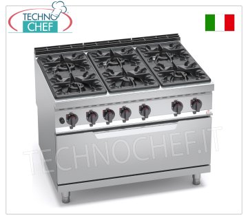 TECHNOCHEF - CUISINIÈRE À GAZ 6 FEUX sur FOUR À GAZ, mod. G9F6+T CUISINIÈRE À GAZ 6 BRÛLEURS sur FOUR À GAZ, ligne BERTOS MAXIMA 900, série HIGH POWER, puissance thermique totale. Kw.65,5, Poids 226 Kg, dim.mm.1200x900x900h