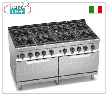 TECHNOCHEF - CUISINIÈRE À GAZ 8 FEUX sur 2 FOURS À GAZ GN 2/1, mod. G9F8+2FG CUISINIÈRE À GAZ 8 FEUX sur 2 FOURS À GAZ GN 2/1, ligne BERTOS MAXIMA 900, série HIGH POWER, puissance calorifique totale. Kw.84.6, Poids 260 Kg, dim.mm.1600x900x900h