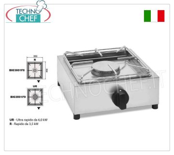 Technochef - Cuisinière à gaz de table professionnelle, 1 foyer CUISINIÈRE À GAZ DE TABLE avec 1 BRÛLEUR PROFESSIONNEL EN INOX fonctionnant au gaz universel, avec 1 BRÛLEUR RAPIDE de 3,5 kw, poids 5,9 kg, dimensions 350x350x170h mm