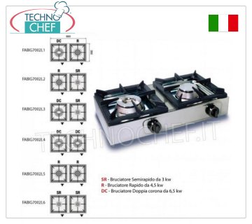 Cuisinière à gaz de table professionnelle, 2 feux POÊLE DE TABLE À GAZ avec 2 BRÛLEURS PROFESSIONNELS EN INOX fonctionnant au gaz universel, avec 1 BRÛLEUR DOUBLE COURONNE de 6,50 kw et 1 BRÛLEUR RAPIDE de 4,50 kw, dimensions 660x350x170h mm