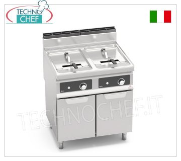 TECHNOCHEF - FRITEUSE GAZ sur MOBILE, 2 cuves de 18+18 litres, Mod.GL18+18MI-BF FRITEUSE À GAZ sur MOBILE, ligne BERTOS, MACROS 700, Série INDIRECT GAZ FRY, 2 cuves indépendantes de 18+18 litres, brûleurs externes, commandes électroniques BFLEX, puissance thermique Kw.28,00, Poids 63 Kg, dim.mm.