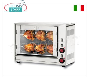 ROTISSERIE ÉLECTRIQUE à 2 TIGES superposées pour 6 POULETS RÔTISSERIE ÉLECTRIQUE à poser en ACIER INOXYDABLE avec 2 TIGES simples superposées pour 6 POULETS, équipée d'un éclairage interne de 550 mm de long, poids 31 kg, V.230/1. 2,8 kW, dimensions 700x360x450h mm