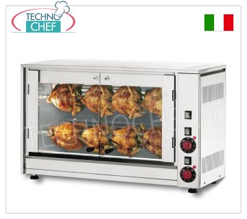 ROTISSERIE ÉLECTRIQUE à 2 tiges superposées pour 8 POULETS RÔTISSERIE ÉLECTRIQUE à poser en ACIER INOXYDABLE avec 2 TIGES simples superposées pour 8 POULETS, équipée d'un éclairage interne de 720 mm de long, poids 41 kg, V.230/1, kw 3,5, dimensions 880x430x530h mm