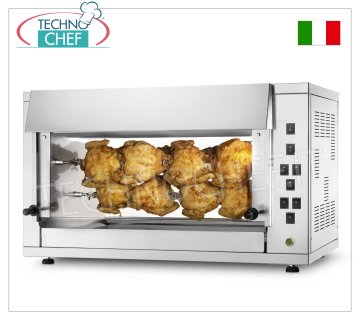 ROTISSERIE ÉLECTRIQUE à 3 TIGES superposées pour 12 POULETS RÔTISSERIE ÉLECTRIQUE à poser en ACIER INOXYDABLE avec 3 TIGES simples superposées pour 12 POULETS, équipée d'un éclairage interne de 720 mm de long, poids 48 kg, V.230/1, kw 5,0, dimensions 880x430x710h mm