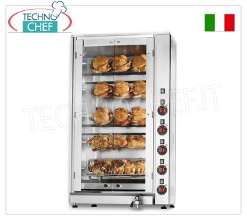 ROTISSERIE ÉLECTRIQUE avec 5 TIGES Schidione indépendantes superposées pour 15 POULETS ROTISSERIE ÉLECTRIQUE avec 5 BROCHEURS INDÉPENDANTS superposés pour 15 POULETS, possibilité de CHARGEMENT PARTIEL, fermé avec 2 portes vitrées, poids 70 kg, V. 400/3+N, kw 8,3, dimensions 70,5x45x125h cm