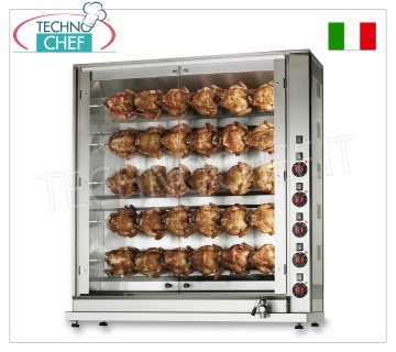 RÔTISSOIRE ÉLECTRIQUE avec 5 tiges Schidione indépendantes superposées pour 30 POULETS ROTISSERIE ÉLECTRIQUE avec 5 TIGES superposées indépendantes pour 30 POULETS, possibilité de CHARGEMENT PARTIEL, fermée avec 2 portes vitrées, poids 113 kg, V. 400/3+N, kw 15, dimensions 116x45x125h cm