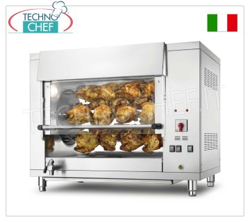 ROTISSERIE PLANÉTAIRE ÉLECTRIQUE à 5 TIGES pour 20 POULETS, Plan de ROTISSERIE PLANÉTAIRE ÉLECTRIQUE en ACIER INOXYDABLE avec 5 TIGES pour 20 POULETS, équipé d'un éclairage interne de 708 mm de long, poids 108 kg, V.400/3+N. 7,3 kW, dimensions 1008x660x790h mm