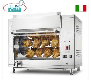 RÔTISSERIE PLANÉTAIRE À GAZ avec 5 CANNES pour 20 POULETS, RÔTISSOIRE PLANÉTAIRE À GAZ à plan de travail EN ACIER INOXYDABLE avec 5 CANNES pour 20 POULETS, équipée d'un éclairage interne de 708 mm de long, poids 121 kg, puissance thermique 9 kw, V.230/1. 0,18 kW, dimensions 1008x660x790h mm