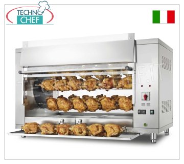 RÔTISSOIR PLANÉTAIRE ÉLECTRIQUE avec 5 TIGES pour 30 POULETS, V.400/3+N Plan de ROTISSERIE PLANÉTAIRE ÉLECTRIQUE en ACIER INOXYDABLE avec 5 TIGES pour 30 POULETS, équipé d'un éclairage interne de 1000 mm de long, poids 123 kg, V.400/3+N. 9,5 kW, dimensions 1300x660x790h mm