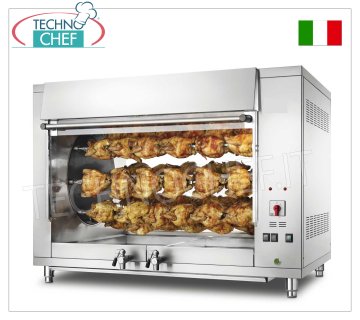 RÔTISSOIRE PLANÉTAIRE ÉLECTRIQUE avec 8 TIGES pour 48 POULETS, Plan de ROTISSERIE PLANÉTAIRE ÉLECTRIQUE en ACIER INOXYDABLE avec 8 TIGES pour 48 POULETS, équipé d'un éclairage interne de 1000 mm de long, poids 175 kg, V.400/3+N. 9,5 kW, dimensions 1300x800x930h mm