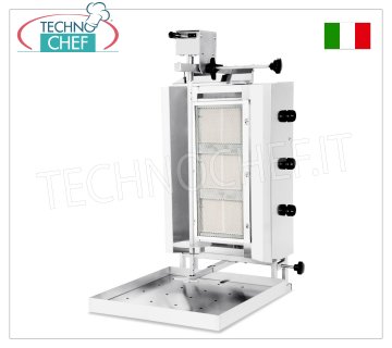 GYROS À GAZ avec 3 brûleurs indépendants, tige de cuisson de 550 mm de hauteur complète avec plaque GYROS À GAZ en ACIER INOXYDABLE avec 3 brûleurs indépendants, tige de cuisson de 550 mm de hauteur complète avec plaque (fournie), V.230/1, puissance thermique 10,2 kw, puissance électrique 0,025 kw, dimensions 600x702x1020h mm