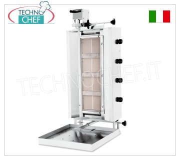 GYROS À GAZ avec 4 brûleurs indépendants, tige de cuisson de 700 mm de hauteur complète avec plaque GYROS À GAZ EN ACIER INOXYDABLE avec 4 brûleurs indépendants, tige de cuisson de 700 mm de hauteur complète avec plaque (fournie), V.230/1, puissance thermique 13,6 kw, puissance électrique 0,025 kw, dimensions 600x702x1190h mm