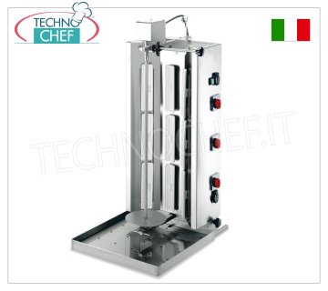 GYROS ÉLECTRIQUES à 9 résistances, tige de cuisson de 740 mm de hauteur complète avec plaque GYROS ÉLECTRIQUES en ACIER INOXYDABLE avec 9 résistances, tige de cuisson de 740 mm de hauteur complète avec plaque (fournie), V.230/3, 9,0 kw, dimensions 502x710x1135h mm