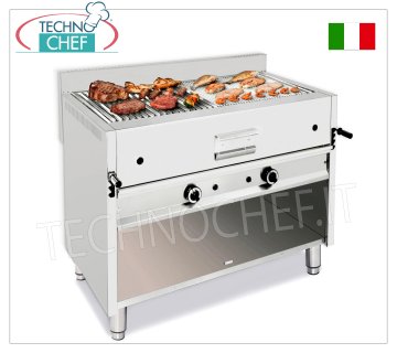 TECHNOCHEF - Gril Gaz Pierre de Lave, Double Module sur Compartiment Ouvert, Mod.I-120MOB GRIL À PIERRE DE LAVE À GAZ, module DOUBLE sur ARMOIRE OUVERTE avec ZONE DE CUISSON 1095x535 mm, complet de GRIL UNIVERSEL, puissance thermique 26 Kw, poids 118 Kg, dimensions extérieures 1200x700x850h mm