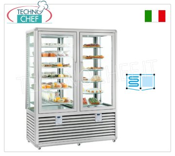 TECHNOCHEF - Vitrine combinée pour glaces et pâtisseries, temp. -15°-25°C/+4°+10°C, Mod.CPG900S/V Vitrine combinée pour glacier/pâtisserie 2 portes, temp. -15°-25°C/+4°+10°C, Curve Line, avec 4 côtés de présentation, 6 étagères statiques + 5 étagères rectangulaires en verre, ventilées/statiques réfrigération, 848 lt, V.230/1, Kw.0,70+0,54, dim.mm.1380x620x1860h