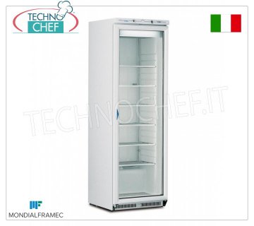 MONDIAL FRAMEC - Armoire Congélateur 1 porte vitrée, lt.360, Classe D, Mod.ICEPLUSN40 Armoire congélateur-congélateur 1 porte vitrée, structure externe en tôle d'acier blanche, capacité 360 lt, température -15°/-25°C, STATIQUE avec ÉVAPORATEUR À GRILLE FIXE avec CAPTURE DU GEL, Classe D, V.230/1, Kw 0,52, Poids 95 Kg, dim.mm.600x620x1880h