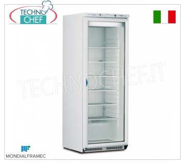 MONDIAL FRAMEC - Armoire Congélateur 1 porte vitrée, 580 lt, Classe E, Mod.ICEPLUSN60 Armoire congélateur-congélateur 1 porte vitrée, structure externe en tôle d'acier blanche, capacité 580 lt, température -15°/-25°C, STATIQUE avec ÉVAPORATEUR À GRILLE FIXE avec CAPTURE DU GEL, Classe E, V.230/1, Kw 0,82, Poids 125 Kg, dim.mm.775x740x1880